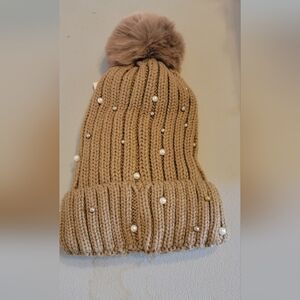 New tan beanie ski stocking cap w white pearls, stones one size fits most